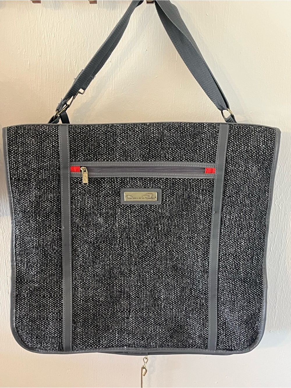 Oscar de la Renta Black and Gray Tweed Garment Bag with Red Zip Accent